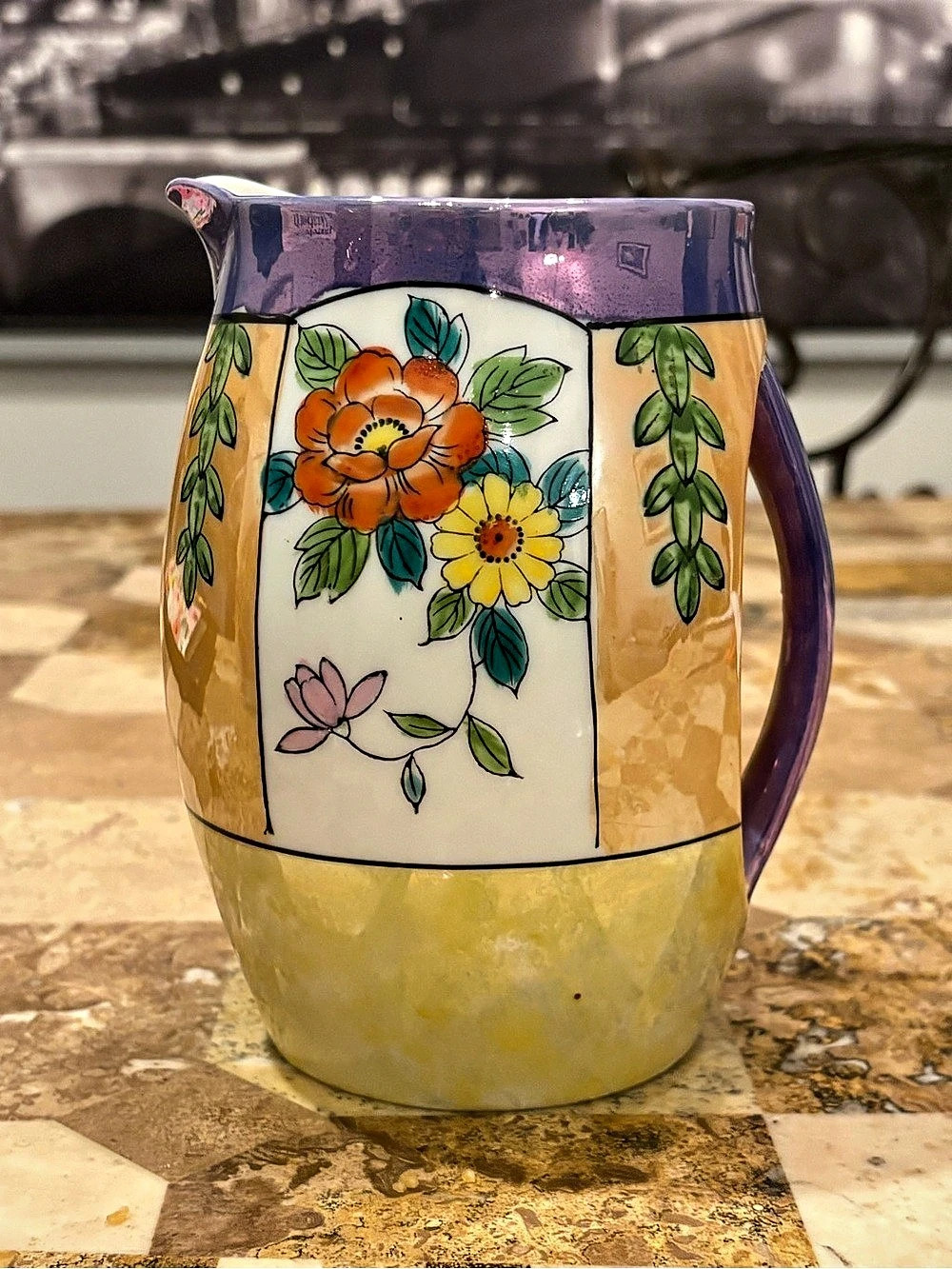 Hand Painted Floral Ceramic Pitcher Purple Yellow Orange Cottage Decor